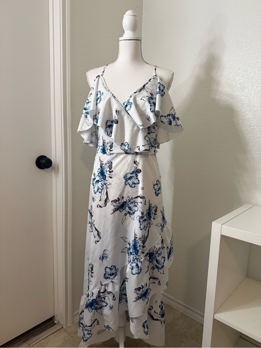 SHEIN White High-Low Dress with Blue Floral Print (read desc.)